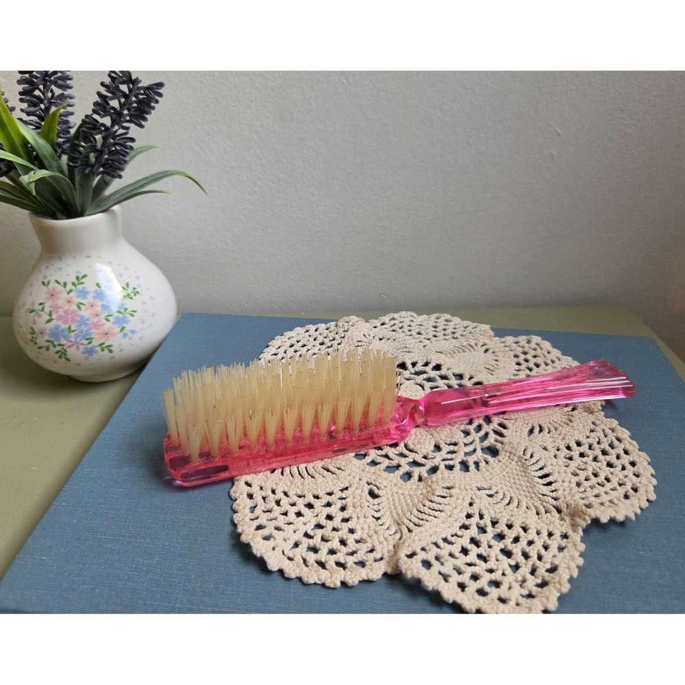 Vintage Pink Lucite Style Hair Brush Made in England Nylon Vanity Brush